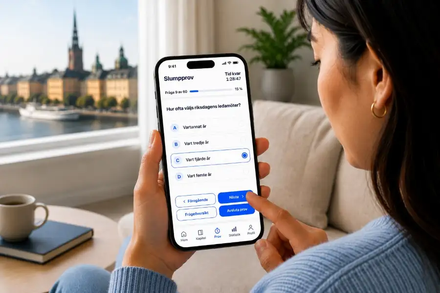 Person som övar medborgarskapstestet i appen med Stockholm i bakgrunden